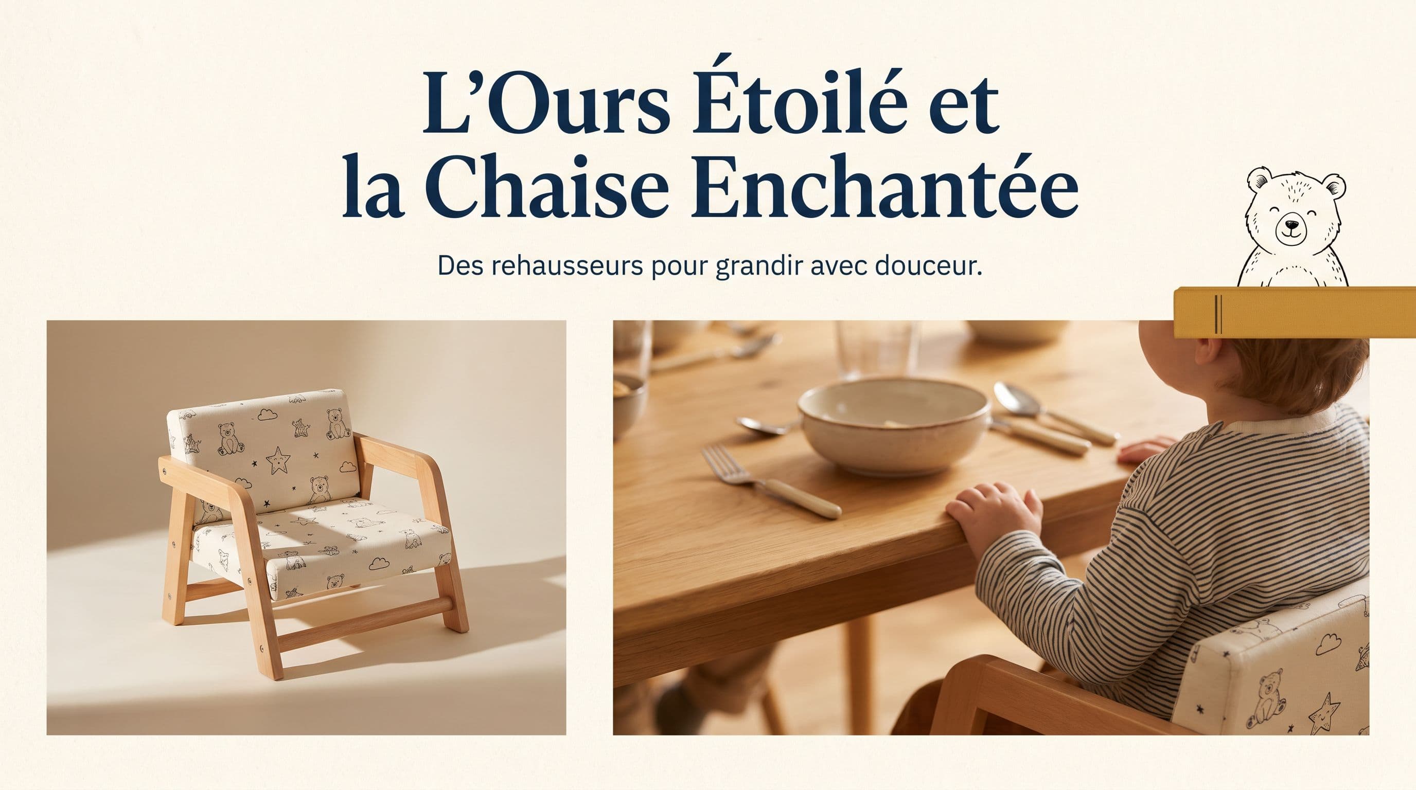 Un rehausseur de chaise en bois clair sur une table familiale au crépuscule